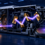 ASML EUV lithography machine showing laser-produced plasma, precision mirrors, and a silicon wafer.