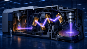ASML EUV lithography machine showing laser-produced plasma, precision mirrors, and a silicon wafer.
