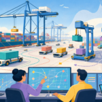 Automated cranes and driverless container carriers coordinate across a bright coastal terminal
