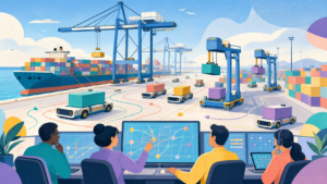 Automated cranes and driverless container carriers coordinate across a bright coastal terminal