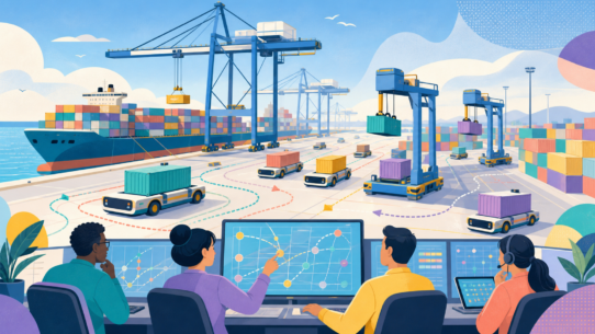 Automated cranes and driverless container carriers coordinate across a bright coastal terminal