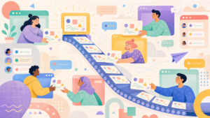 People pass identical abstract message cards through online communities on a copy-and-paste conveyor