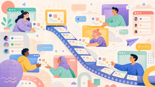People pass identical abstract message cards through online communities on a copy-and-paste conveyor