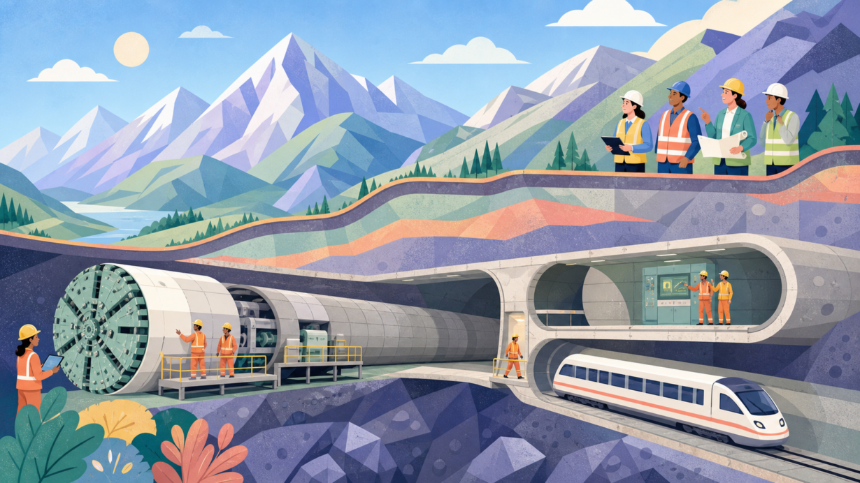 Cutaway view of twin railway tunnels and a boring machine beneath the Swiss Alps