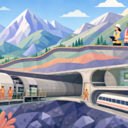 Cutaway view of twin railway tunnels and a boring machine beneath the Swiss Alps