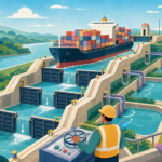 Container ship rising through gravity-powered canal locks beside tropical rainforest and water-saving basins