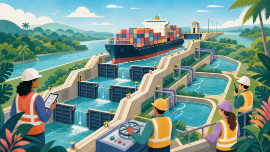 Container ship rising through gravity-powered canal locks beside tropical rainforest and water-saving basins