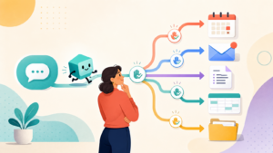 AI agents in daily workflows illustration showing a human supervising an AI helper across calendar, email, documents, spreadsheets, and files.