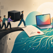 Apple NeXT acquisition illustration showing a black computer cube crossing a contract bridge from failing 1990s computers toward modern devices rooted in its software.