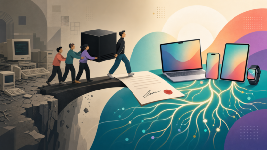 Apple NeXT acquisition illustration showing a black computer cube crossing a contract bridge from failing 1990s computers toward modern devices rooted in its software.