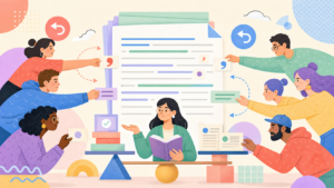 Editors revise a shared document from opposite sides while rules, sources, and a facilitator balance consensus